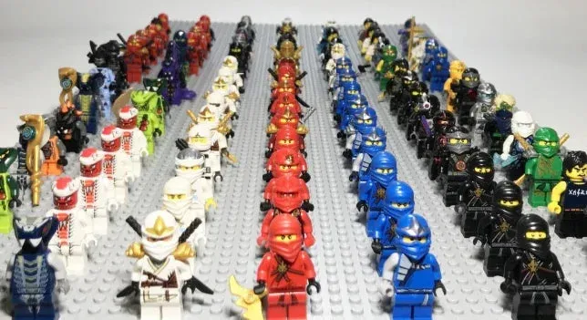 Close-up of NINJAGO minifigures and bright color elements