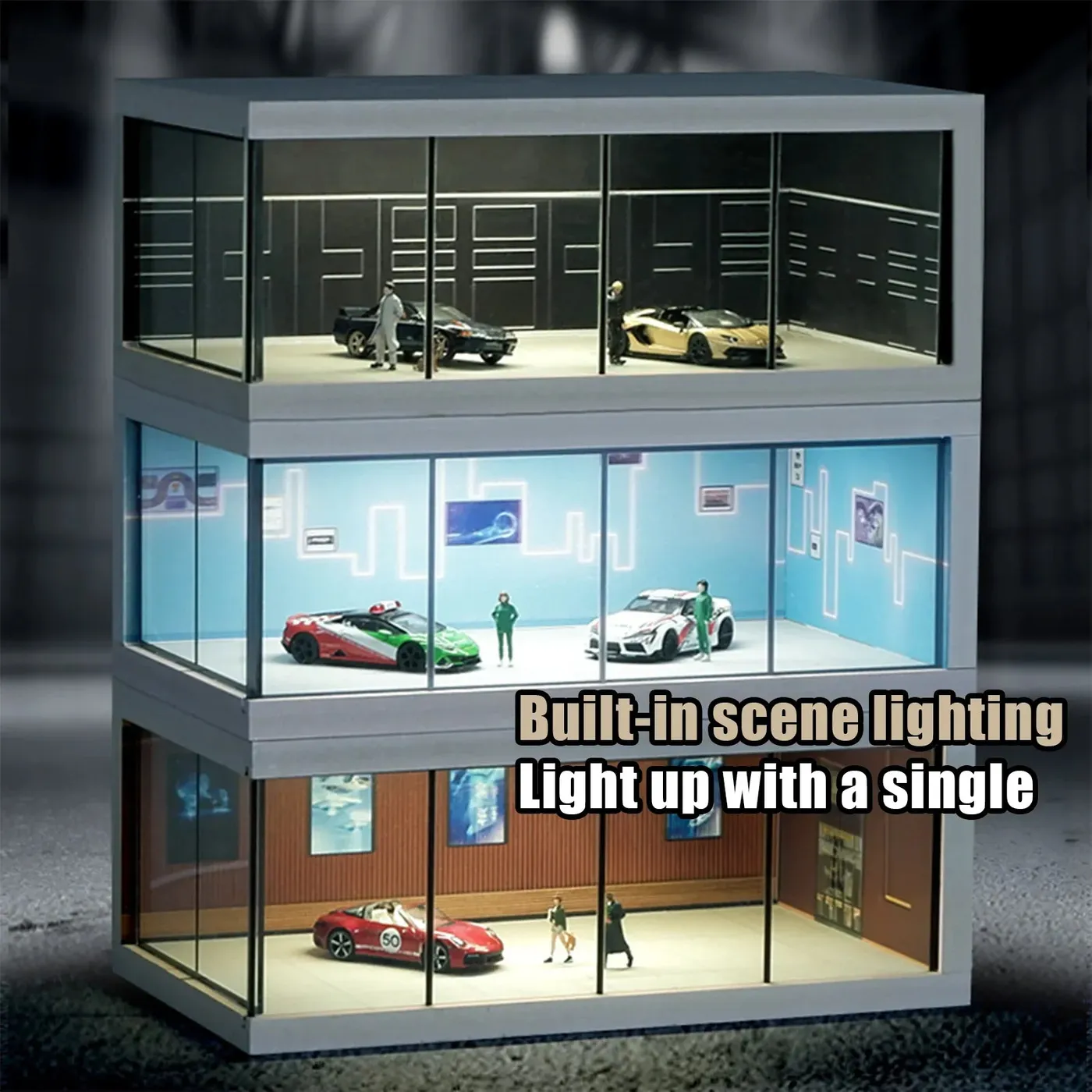 Display Case for 1: 64 scale diecast car models, garage scene model with built-in LED lights. — 9