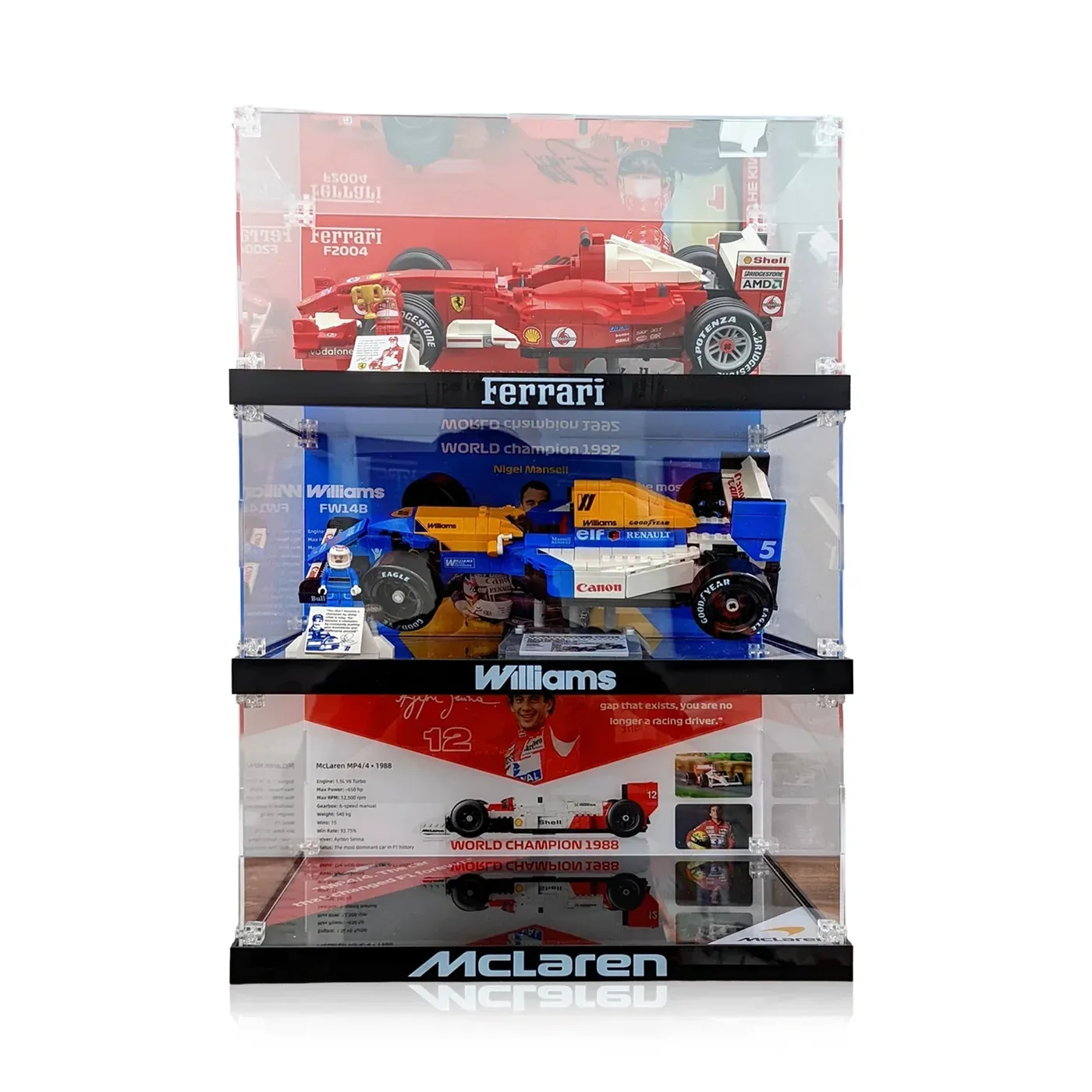 Display Case for LEGO® Icons F1 Legends Collection (McLaren MP4/4 10330, Williams FW14B 10353, Ferrari F2004 11375)