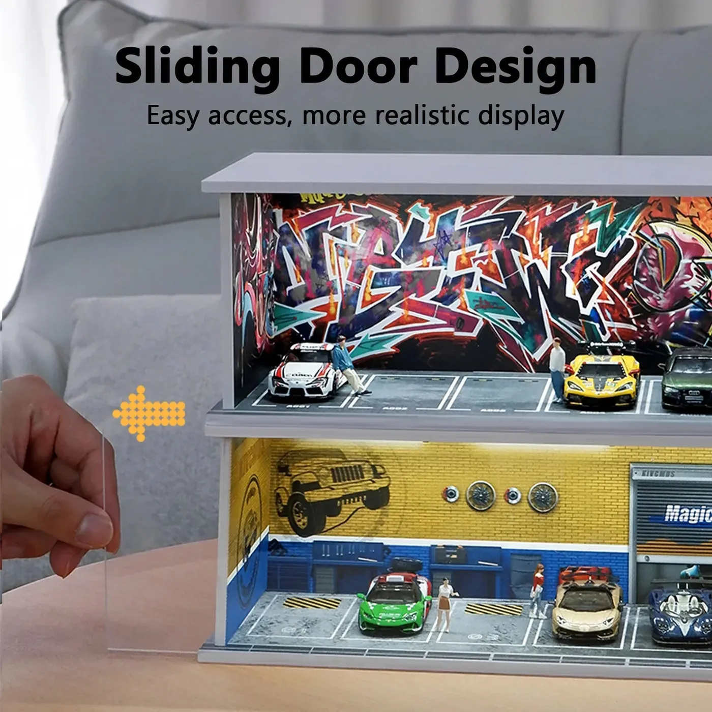 Exklusiv stapelbar monter med garagediorama för samlingar av pressgjutna minibilar i skala 1:64 — 4