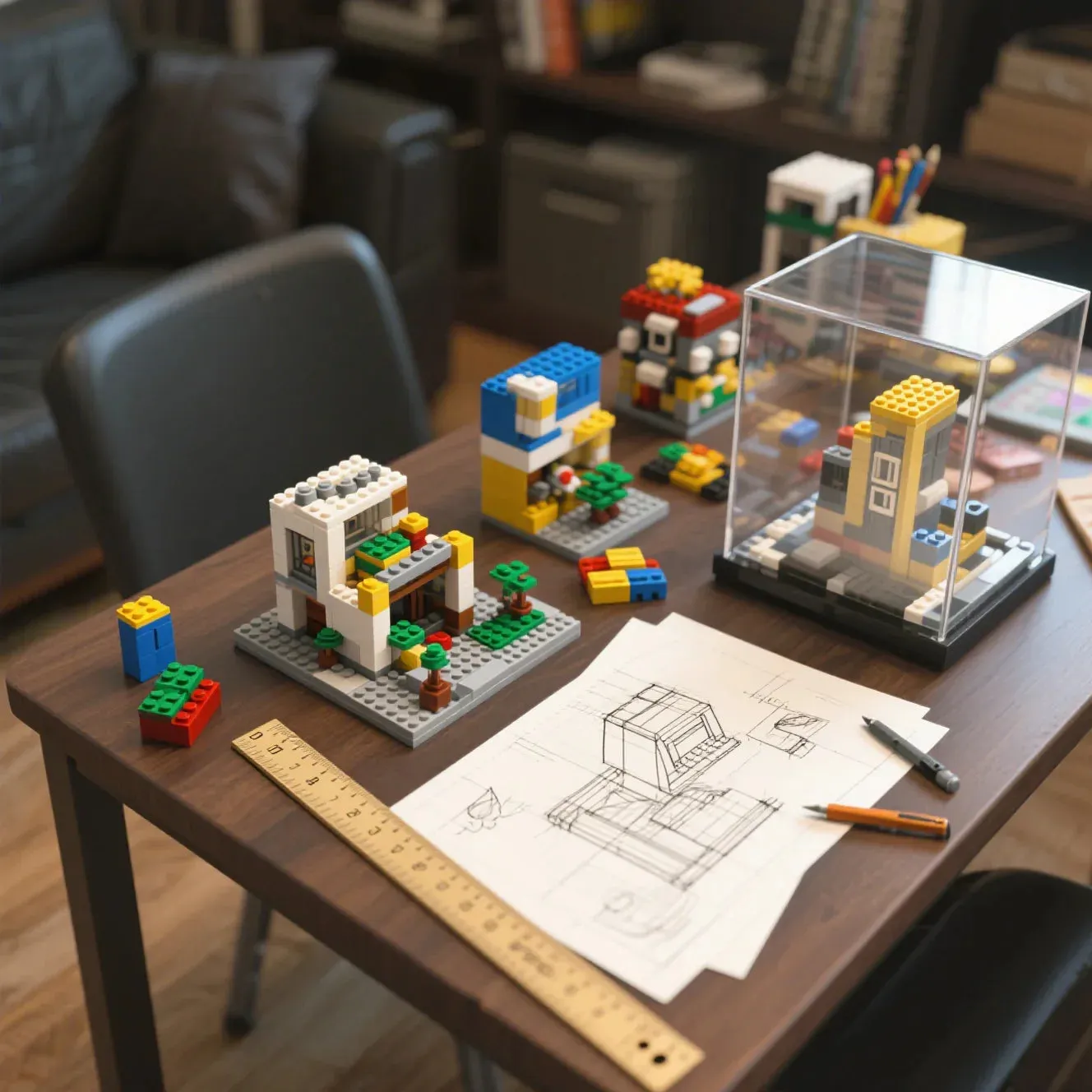 Hyper-realistic photograph: A wooden workbench holds a LEGO Star Wars Millennium Falcon model beside a metal ruler and graph paper sketching a display case design, with dimensions and shelving annotations. A LEGO logo sticker appears in the background.