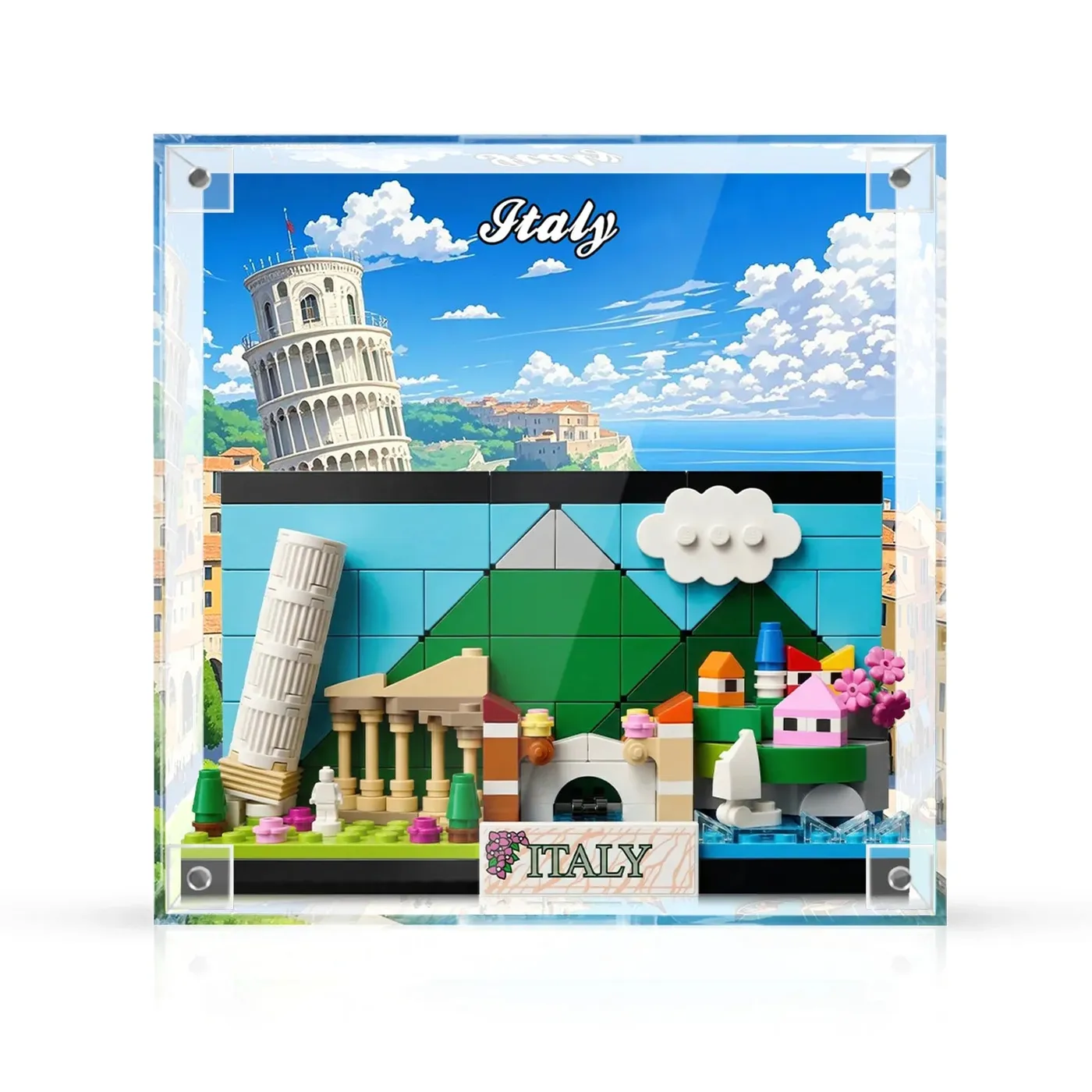Ramka ekspozycyjna do LEGO Italy Postcard 40818, jednoczęściowy akryl – dekoracja ścienna 3D i ekspozycja na biurko