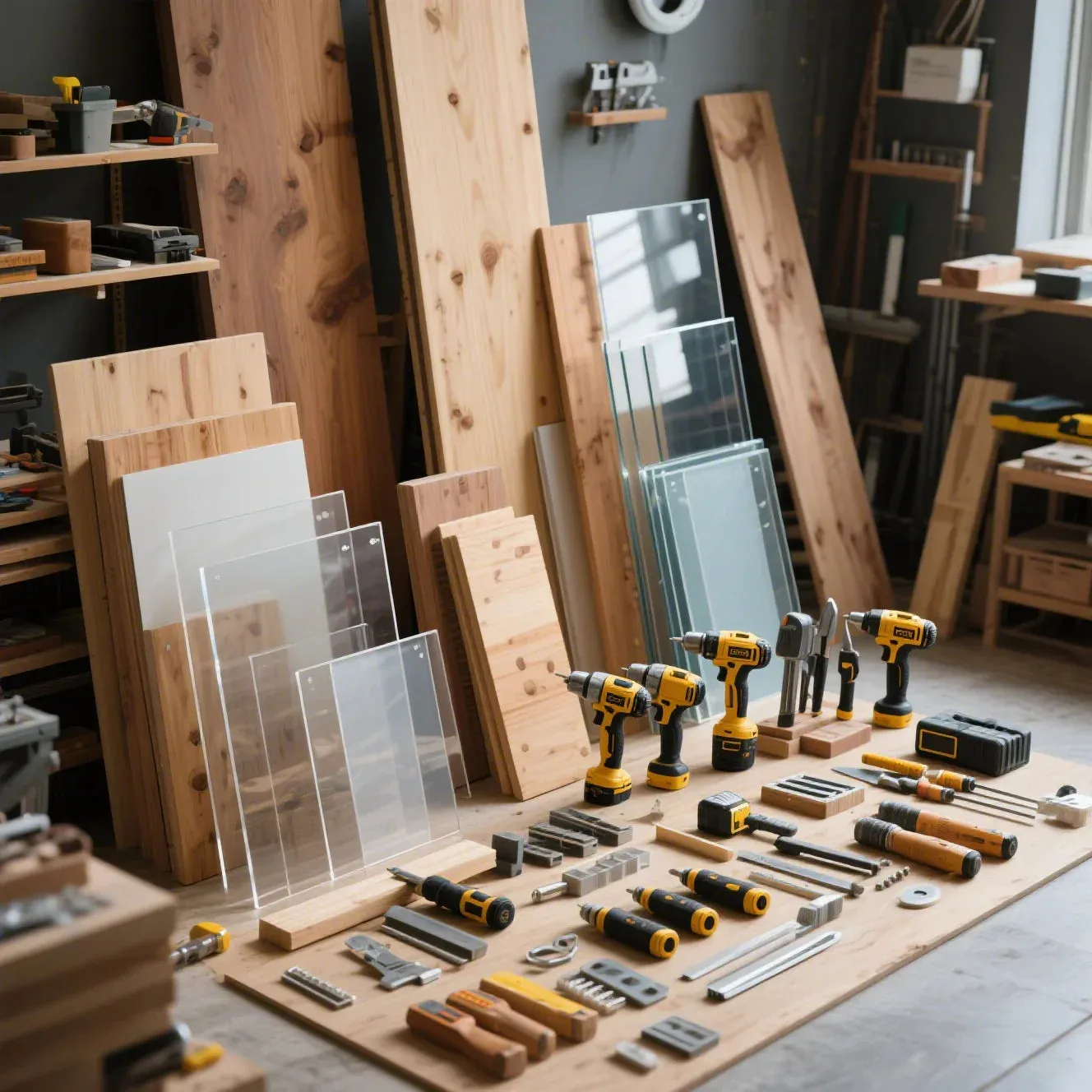 Hyper-realistic still life: Neatly arranged pine/MDF boards, transparent acrylic sheets, woodworking tools (circular saw, drill, sandpaper), and accessories (LED strips, metal hinges, non-slip pads). Tool surfaces reflect workshop lighting, highlighting screw threads and wood grain details.