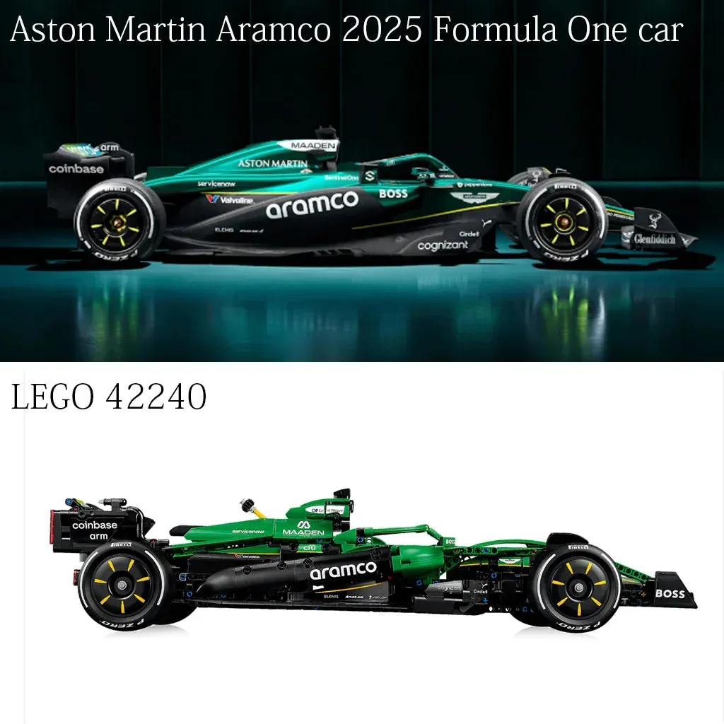 Comparison images of the Aston Martin Aramco 2025 Formula One car and LEGO 42240: a real car versus a LEGO brick model.