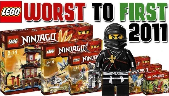 Timeline-style image showing early vs modern NINJAGO sets
